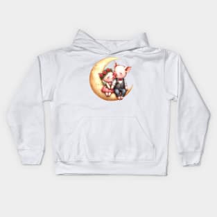 Valentine Pig Couple on Moon Kids Hoodie